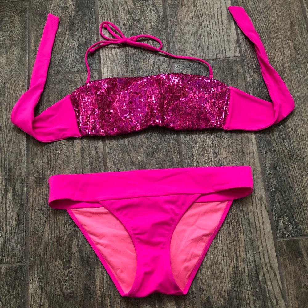 Hot pink sequin VS bandeau bathing suit